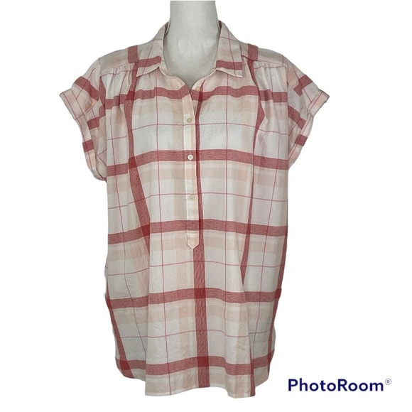 Loft - Plaid Dolman Henley Top, Red/Pink/White, size LARGE, NWOT, never worn - Picture 4 of 8